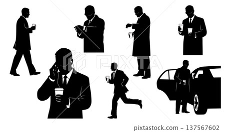 Black Solid Agents Holding Coffee Silhouettes Set of Six Black Solid Agents Holding Coffee Silhouettes Set of Six 137567602
