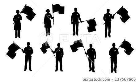 Black Solid Agents Holding Flag Silhouettes Set of Six Black Solid Agents Holding Flag Silhouettes Set of Six 137567606