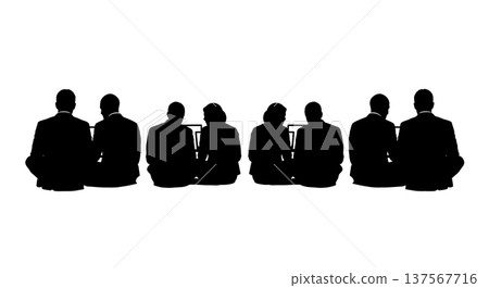 Black Solid Agents Sitting Back to Back Silhouettes Set of Six on White Background Black Solid Agents Sitting Back to Back Silhouettes Set of Six on White Background 137567716