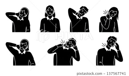 Black Solid Agents Rubbing Neck Muscles Silhouettes Set of Six on White Background Black Solid Agents Rubbing Neck Muscles Silhouettes Set of Six on White Background 137567741