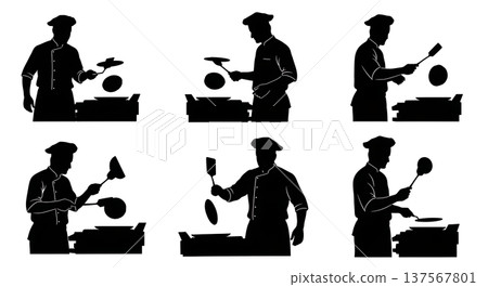 Black Solid Bakers Flipping Pancakes Set of Six on White Background Black Solid Bakers Flipping Pancakes Set of Six on White Background 137567801