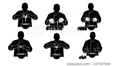 Black Solid Bakers Cracking Eggs Set of Six on White Background 137567848