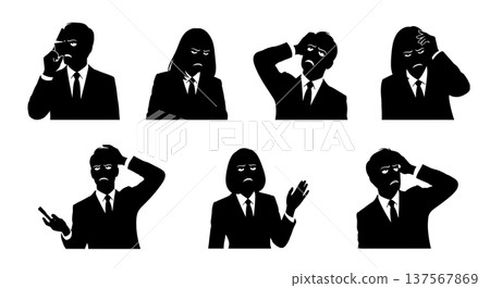 Black Solid Agents Rolling Eyes Silhouettes Set of Six on White Background 137567869
