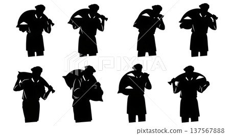 Black Solid Bakers Carrying Sugar Sacks Set of Six on White Background Black Solid Bakers Carrying Sugar Sacks Set of Six on White Background 137567888