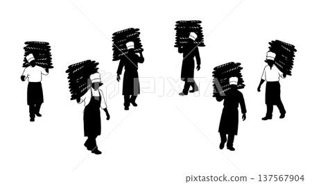 Black Solid Bakers Carrying Baguettes Set of Six on White Background 137567904