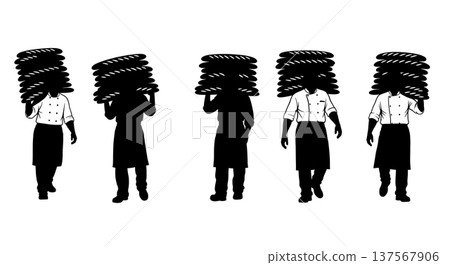 Black Solid Bakers Carrying Baguettes Set of Six on White Background 137567906