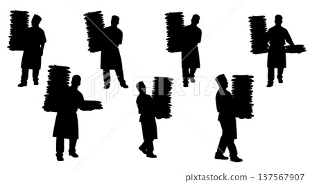 Black Solid Bakers Carrying Baguettes Set of Six on White Background 137567907