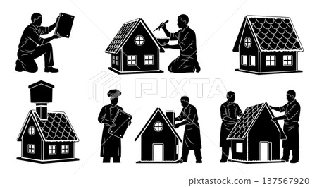 Black Solid Bakers Assembling Gingerbread Houses Set of Six on White Background 137567920