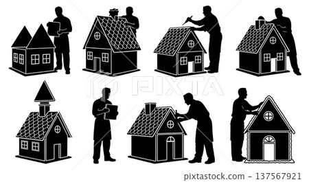 Black Solid Bakers Assembling Gingerbread Houses Set of Six on White Background 137567921