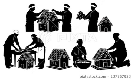 Black Solid Bakers Assembling Gingerbread Houses Set of Six on White Background Black Solid Bakers Assembling Gingerbread Houses Set of Six on White Background 137567923