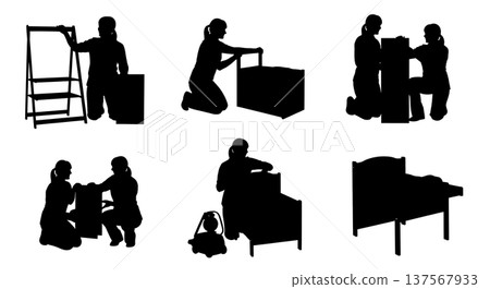 Black Solid Baby Store Associates with Strollers Set of Six on White Background 137567933