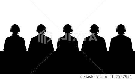 Black Solid Back View Customer Service Reps Silhouettes Set of Six on White Background 137567934