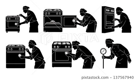 Black Solid Bakers Adjusting Stoves Set of Six on White Background 137567940