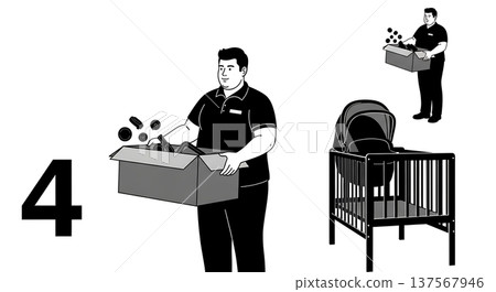 Black Solid Baby Store Associates with Strollers Set of Six on White Background 137567946