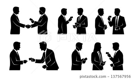 Black Solid B2B Sales Executives Exchanging Cards Set of Six on White Background Black Solid B2B Sales Executives Exchanging Cards Set of Six on White Background 137567956