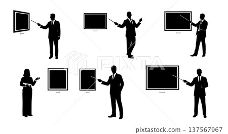 Black Solid Art Gallery Sales Directors Pointing Set of Six on White Background Black Solid Art Gallery Sales Directors Pointing Set of Six on White Background 137567967