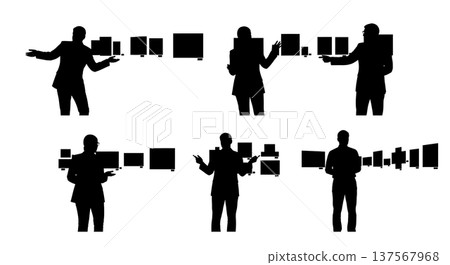Black Solid Art Gallery Sales Directors Pointing Set of Six on White Background Black Solid Art Gallery Sales Directors Pointing Set of Six on White Background 137567968