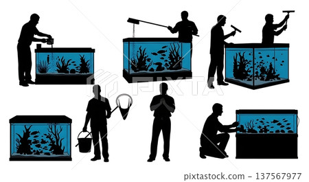 Black Solid Aquarium Showroom Staff Feeding Fish Set of Six on White Background 137567977