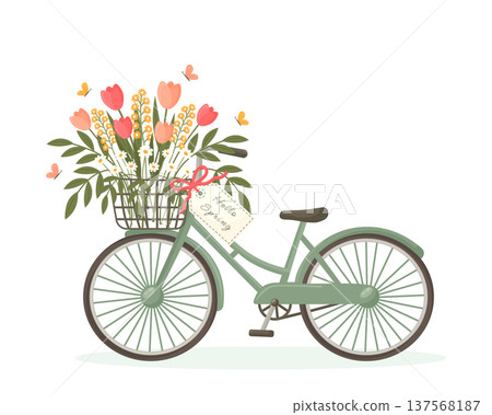Vintage bicycle with spring flower bouquet in basket vector illustration. Vintage bicycle with spring flower bouquet in basket vector illustration. 137568187