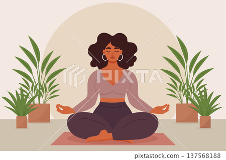 Plus size woman meditating at home with plants body positive girl vector illustration. 137568188
