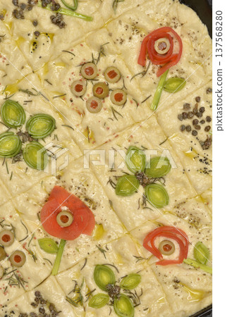 Floral garden focaccia bread art with vegetables Floral garden focaccia bread art with vegetables 137568280