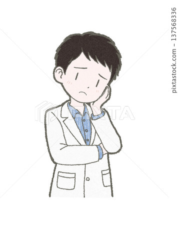手繪插圖，描繪了一位身穿白大褂、表情憂慮、手撫臉頰的男性醫護人員。 137568336