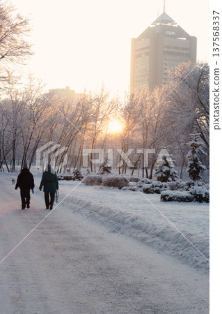 Walking people in winter park in downtown district, Kyiv, Ukraine. Snowy park and building in sunrise light on background. Frosty winter weather. Snowfall in downtown district. Walking people in winter park in downtown district, Kyiv, Ukraine. Snowy park and building in sunrise light on background. Frosty winter weather. Snowfall in downtown district. 137568337