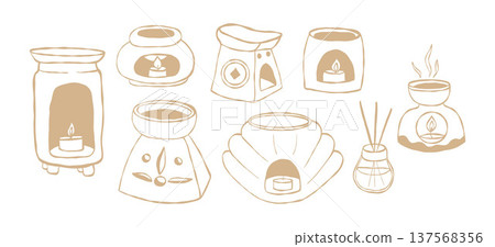 Aromatherapy. Aroma Lamps with Candles Doodle Set. Line Art Home Fragrance, Reed Diffuser Isolated hand-drawn on White Background. Vector Illustration. 137568356