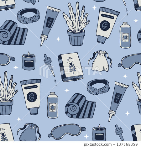 Yoga and Spa Seamless Pattern. Skincare Cosmetics, Cozy Sleep Mask, Towel, Flowerpot and Book on Blue Background. Indigo Wellness Doodles Hand Drawing template. Vector illustration Yoga and Spa Seamless Pattern. Skincare Cosmetics, Cozy Sleep Mask, Towel, Flowerpot and Book on Blue Background. Indigo Wellness Doodles Hand Drawing template. Vector illustration 137568359