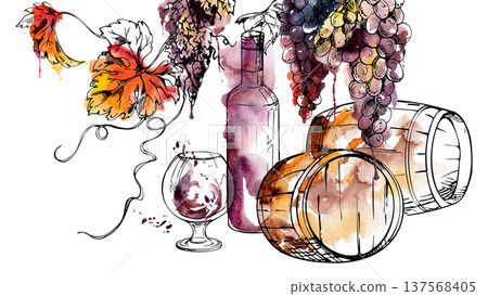 Vintage style barrels with grape fruit clusters, wine bottle and balloon glass, vines and leaves. Isolated illustration hand drawn in watercolor and ink. Boutique branding, catalog art, tourism guides Vintage style barrels with grape fruit clusters, wine bottle and balloon glass, vines and leaves. Isolated illustration hand drawn in watercolor and ink. Boutique branding, catalog art, tourism guides 137568405