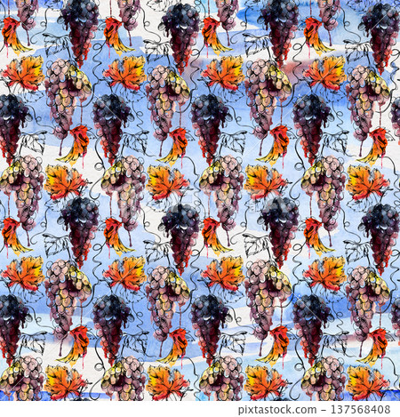 Seamless pattern with watercolor grape clusters, leaves on grapevines, young branch spirals. Hand drawn with ink contour for organic products, vineyard textile prints, eco brands, artisan gift lines. Seamless pattern with watercolor grape clusters, leaves on grapevines, young branch spirals. Hand drawn with ink contour for organic products, vineyard textile prints, eco brands, artisan gift lines. 137568408