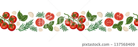 Seamless border of tomato cherry and rosemary. Vector hand drawn food illustration for kitchen menu and restaurant template. Cartoon repeat garlic and basil leaf drawing perfect for product design. Seamless border of tomato cherry and rosemary. Vector hand drawn food illustration for kitchen menu and restaurant template. Cartoon repeat garlic and basil leaf drawing perfect for product design. 137568409