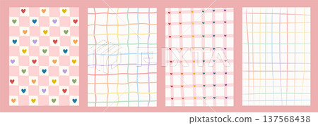 Pastel rainbow pride background set. Retro hand-drawn checkerboard, gingham, and grid patterns with colorful heart accents. Cute whimsical aesthetic for stationery cards, nursery, and web. Vector art. 137568438