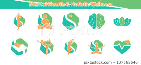 Mental Health and Holistic Wellness Icon Set Yoga, Meditation, and Mindfulness Symbols 137568646