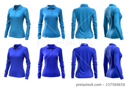 2 Set of woman dark light blue turquoise front, back and side view collar long sleeve slim fit polo tee shirt on transparent background cutout, PNG file. Mockup template for artwork graphic  137568658