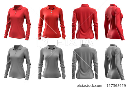 2 Set of woman red maroon grey gray front, back and side view collar long sleeve slim fit polo tee shirt on transparent background cutout, PNG file. Mockup template for artwork graphic  137568659