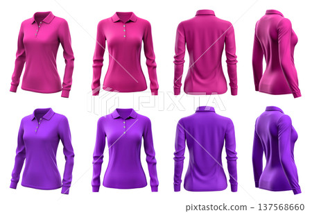 2 Set of woman magenta purple pink front, back and side view collar long sleeve slim fit polo tee shirt on transparent background cutout, PNG file. Mockup template for artwork graphic 137568660