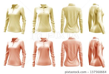 2 Set of woman pastel light yellow orange front, back and side view collar long sleeve slim fit polo tee shirt on transparent background cutout, PNG file. Mockup template for artwork graphic 137568664
