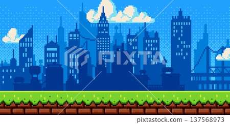 Pixel art city day background with retro buildings Pixel art city day background with retro buildings 137568973
