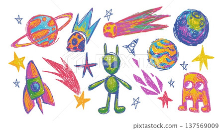 Set of childish crayon space objects and aliens Set of childish crayon space objects and aliens 137569009