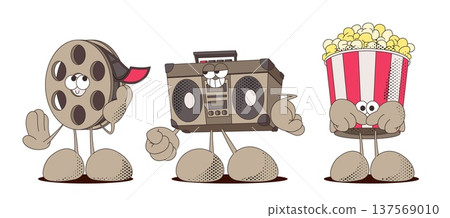 Retro cartoon cinema characters in groovy style Retro cartoon cinema characters in groovy style 137569010