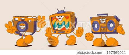 Groovy retro TV, camera, tape recorder characters 137569011