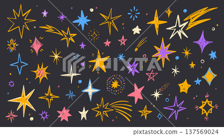 Hand drawn star doodles, colorful crayon texture Hand drawn star doodles, colorful crayon texture 137569024