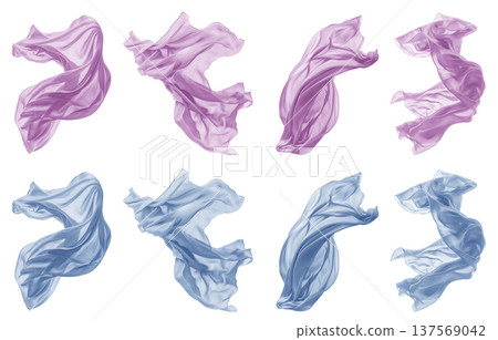 2 Collection set of pastel light blue purple silk satin cloth fabric floating flying in the air on transparent background cutout, PNG file. Mockup template 137569042