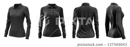 Set of woman black front, back and side view collar long sleeve slim fit polo tee shirt on transparent background cutout, PNG file. Mockup template 137569043