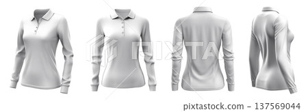 Set of woman white front, back and side view collar long sleeve slim fit polo tee shirt on transparent background cutout, PNG file. Mockup template 137569044