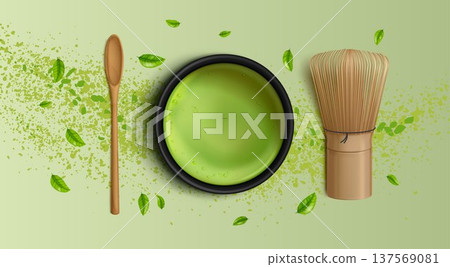 Green matcha tea, vector bg with powder splash Green matcha tea, vector bg with powder splash 137569081