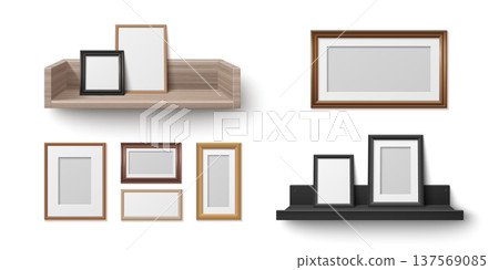 Realistic wooden shelf with empty frames mockup Realistic wooden shelf with empty frames mockup 137569085