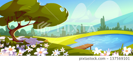 Spring green grass meadow landscape with pond 137569101
