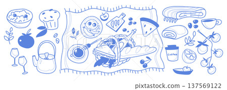 Hand-drawn blue ink picnic sketch items set Hand-drawn blue ink picnic sketch items set 137569122